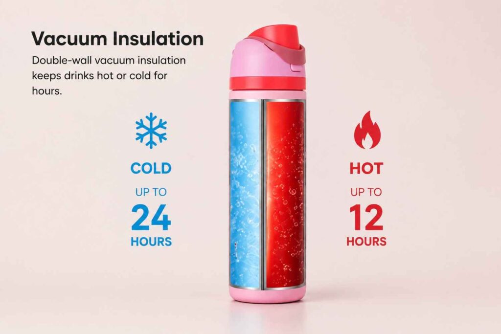 Amazon Product Infographics highlighting vacuum insulation and hot and cold temperature capacity