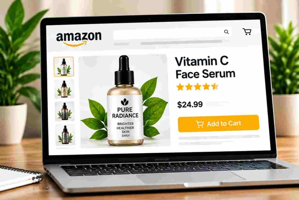Amazon listing design for Pure Radiance Vitamin C Face Serum showing main image, ratings, and Add to Cart by Pixels Beast
