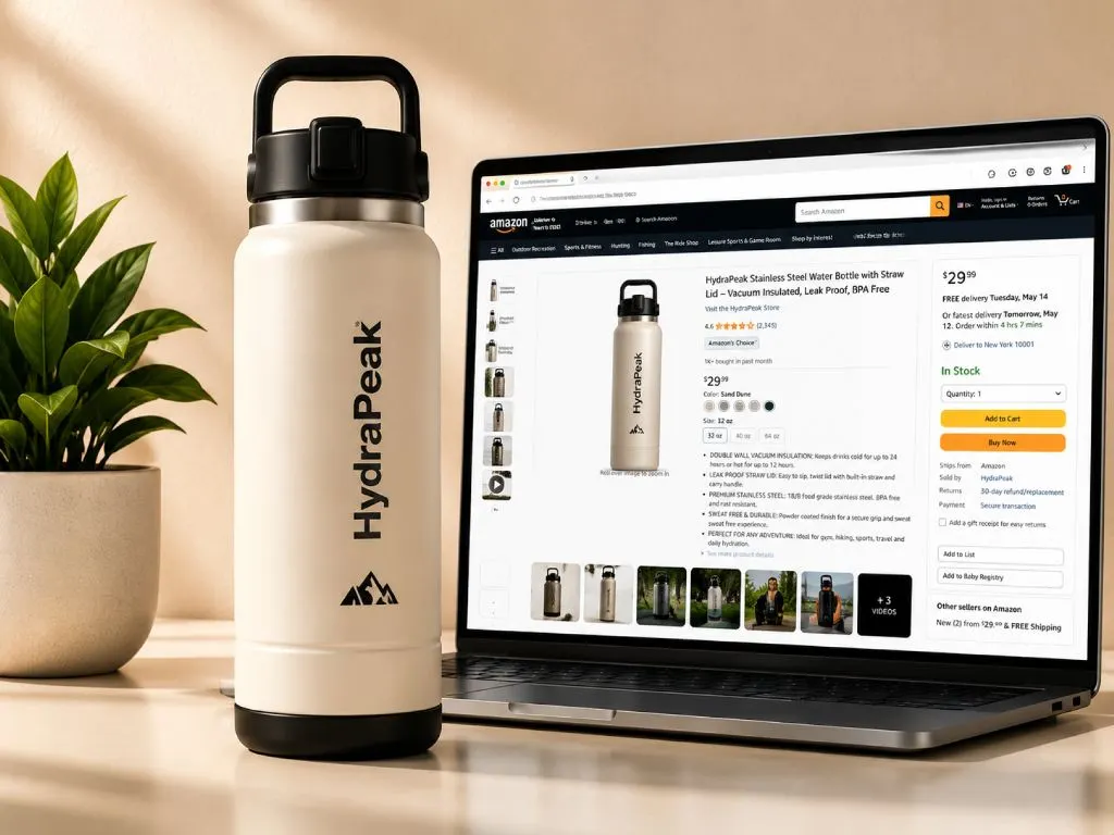 Amazon listing image mockup for insulated water bottle showing main image and infographics by Pixels Beast