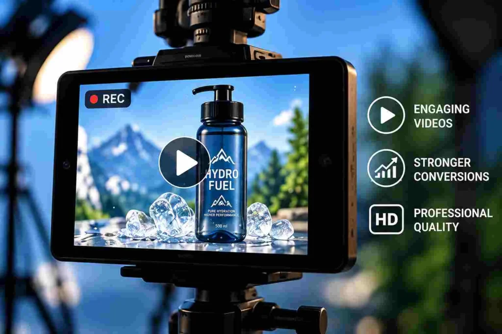 Amazon product video production for Hydro Fuel water bottle showing professional video shoot setup by Pixels Beast