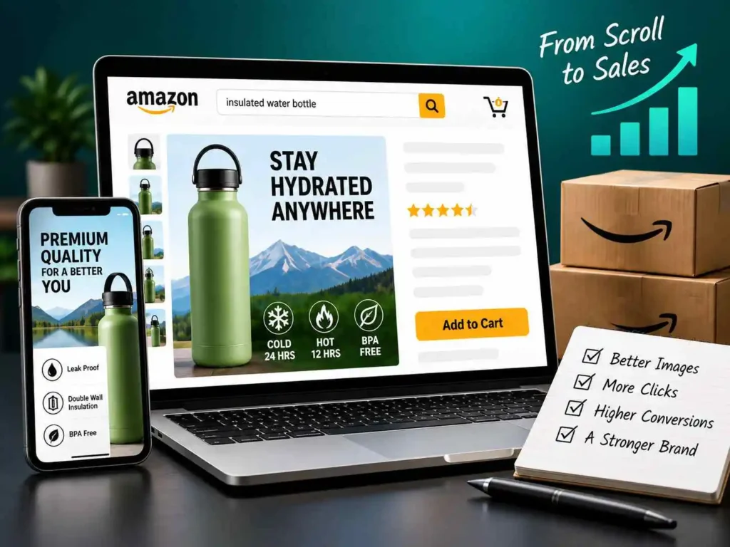 Amazon product listing mockup on laptop and mobile showing optimized main image, infographics, and Add to Cart button by Pixels Beast